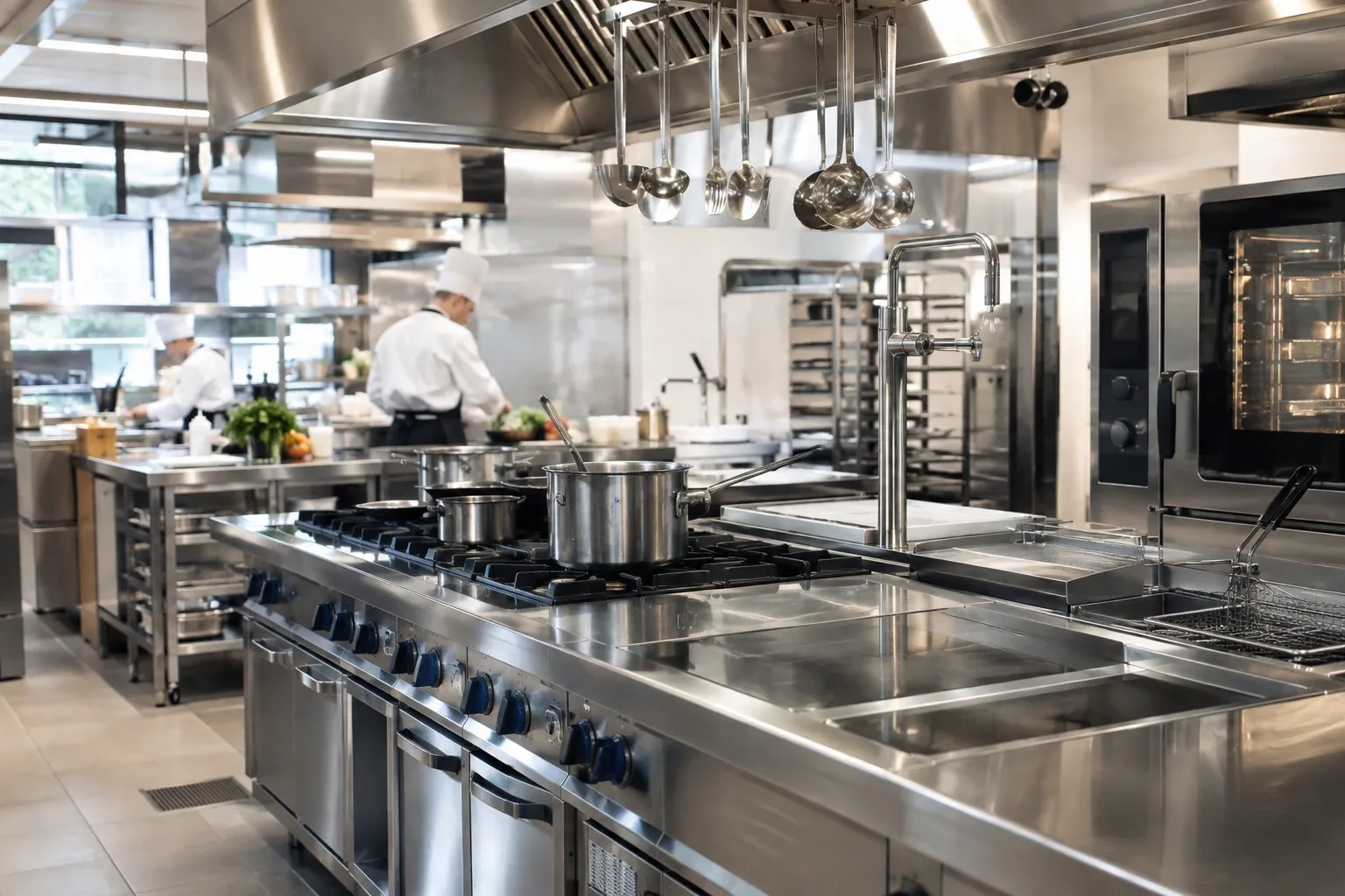 Cucina professionale inox con fornelli, pentole sul fuoco e chef sullo sfondo