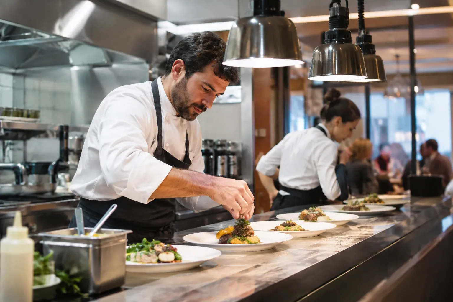 Chef uomo mentre impiatta piatto raffinato su bancone cucina professionale, luci calde