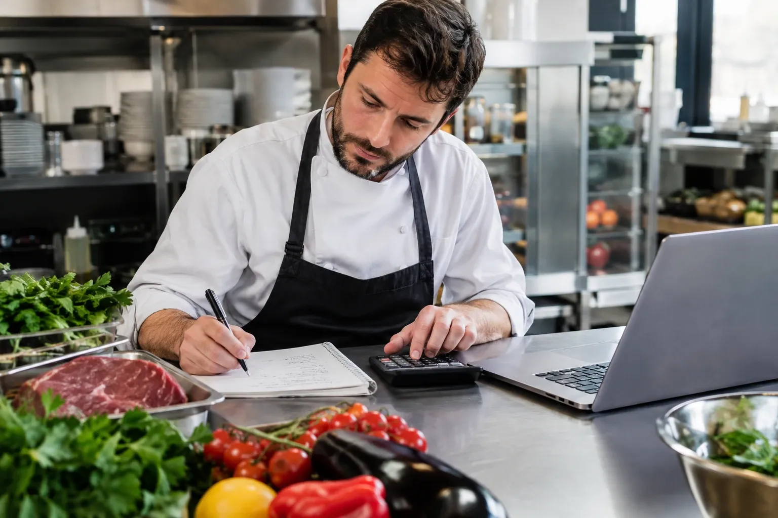 Chef in cucina calcola costi ingredienti su calcolatrice e laptop, verdure e carne sul banco