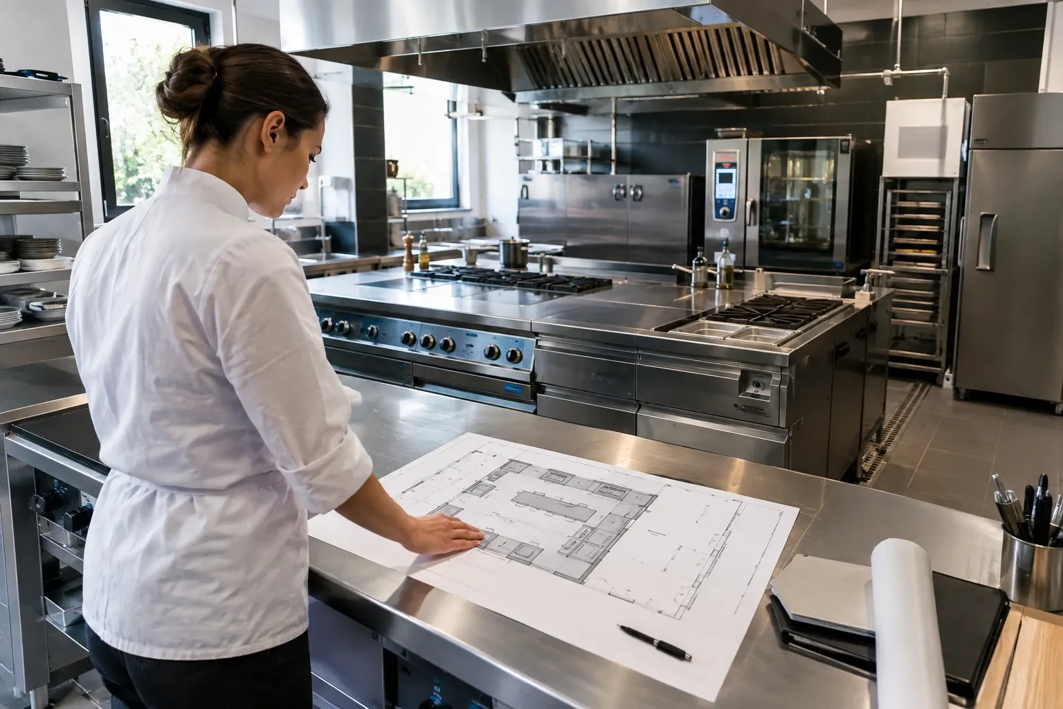 Chef controlla pianta della cucina professionale su banco inox davanti agli elettrodomestici