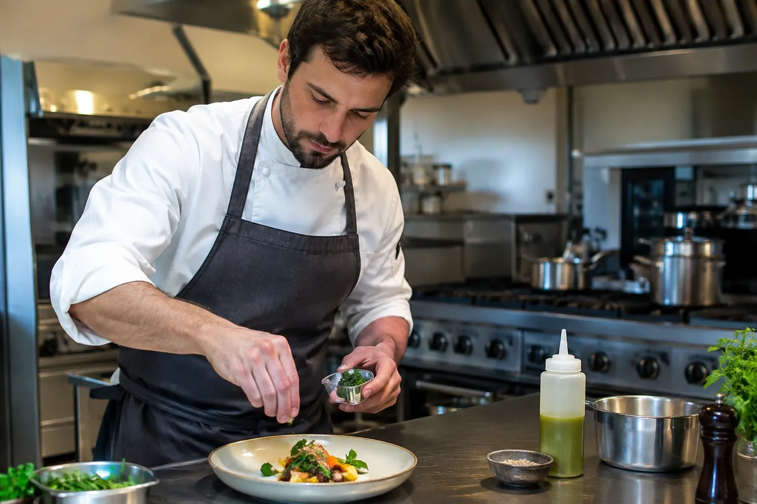 Chef in grembiule che guarnisce piatto gourmet con erbe fresche in cucina professionale