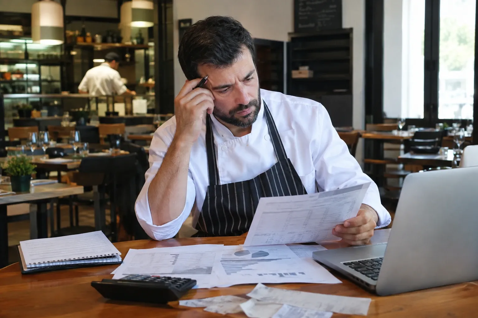 Ristoratore con grembiule al tavolo esamina fatture e laptop nel ristorante
