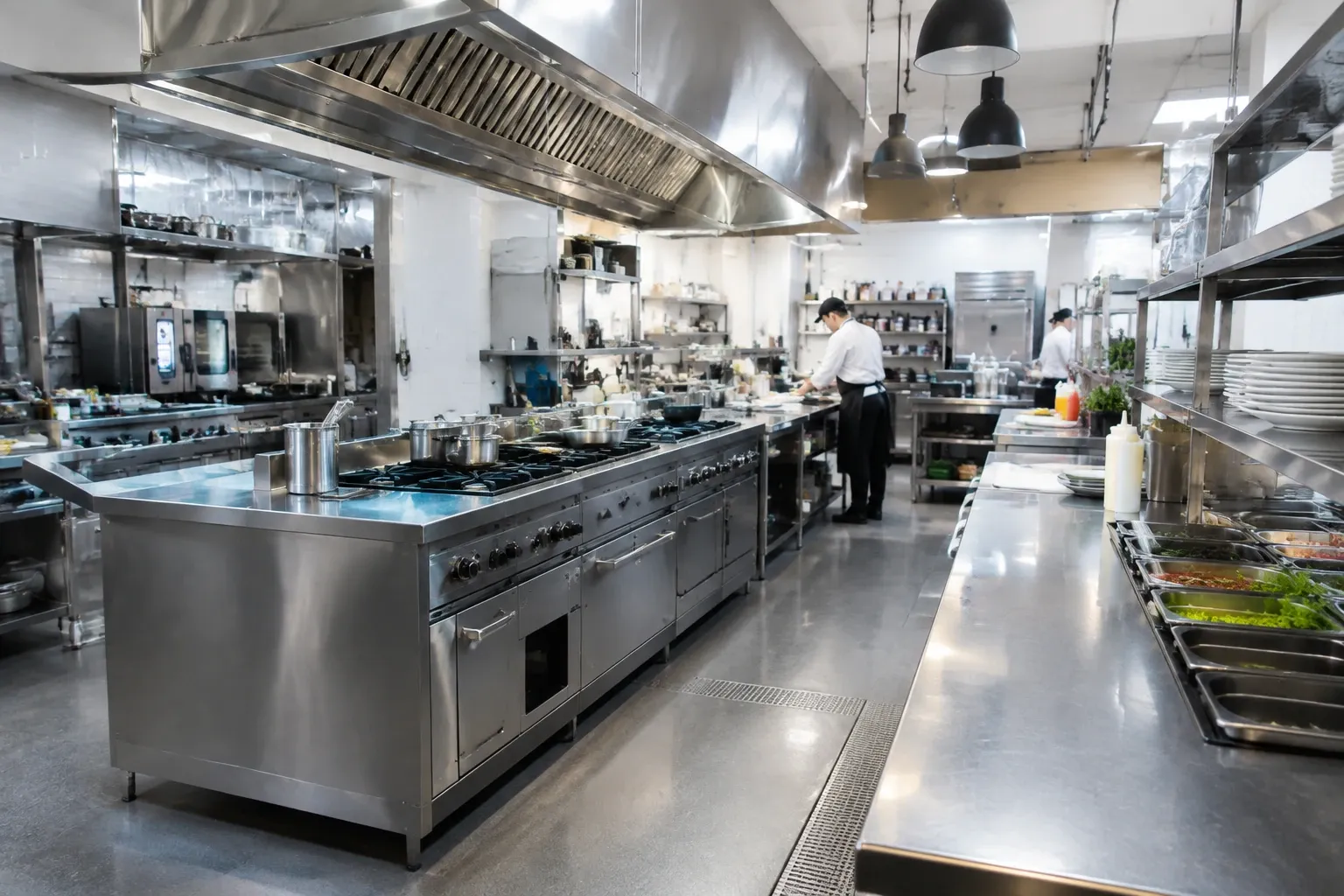 Cucina professionale in acciaio inox con piano cottura centrale e chef al lavoro