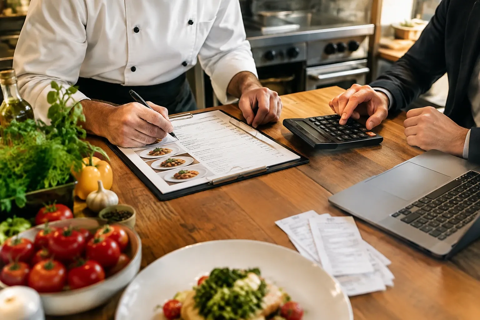 Chef che compila menu su clipboard mentre collega calcolatrice e laptop in cucina